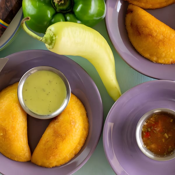 Colombian empanadas with green and yellow peppers, served with two dipping sauces on purple plates.